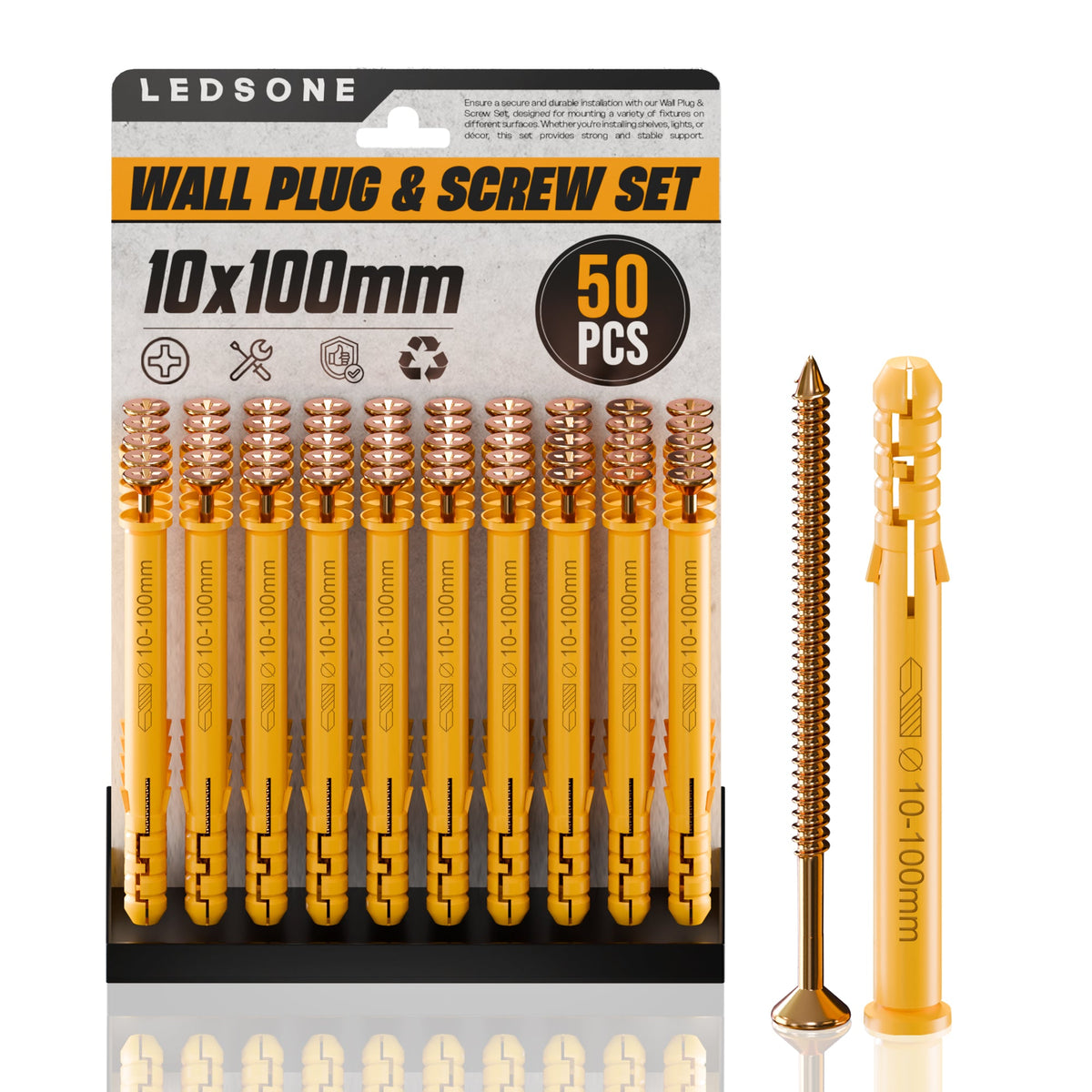 Yellow Wall Plugs and Screws, Pack of 50 – 6, 8 or 10 mm, 40 to 160 mm - 10 x 100 mm
