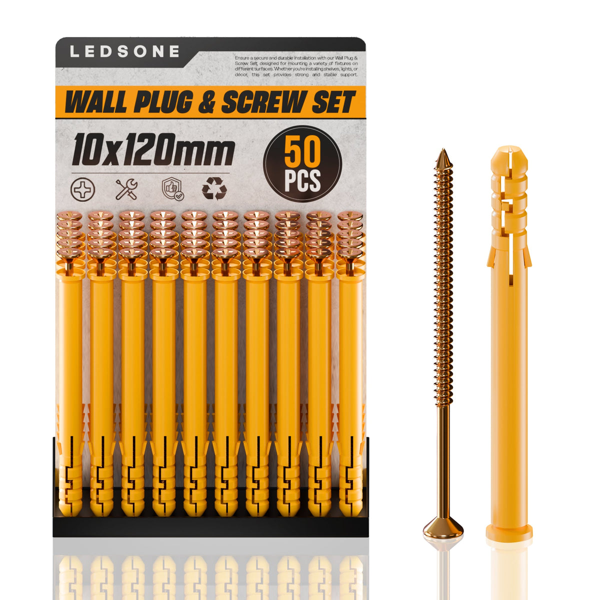 Yellow Wall Plugs and Screws, Pack of 50 – 6, 8 or 10 mm, 40 to 160 mm - 10 x 120 mm