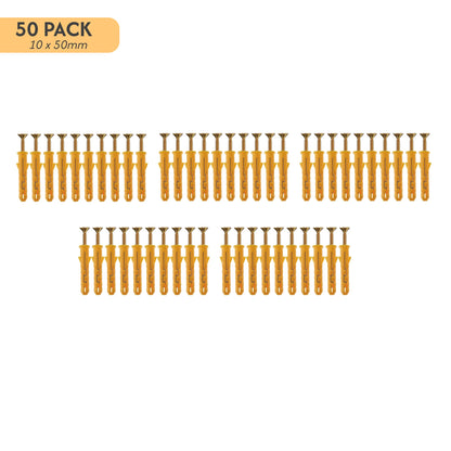 Yellow Wall Plugs and Screws, Pack of 50 – 6, 8 or 10 mm, 40 to 160 mm - 10 x 50 mm