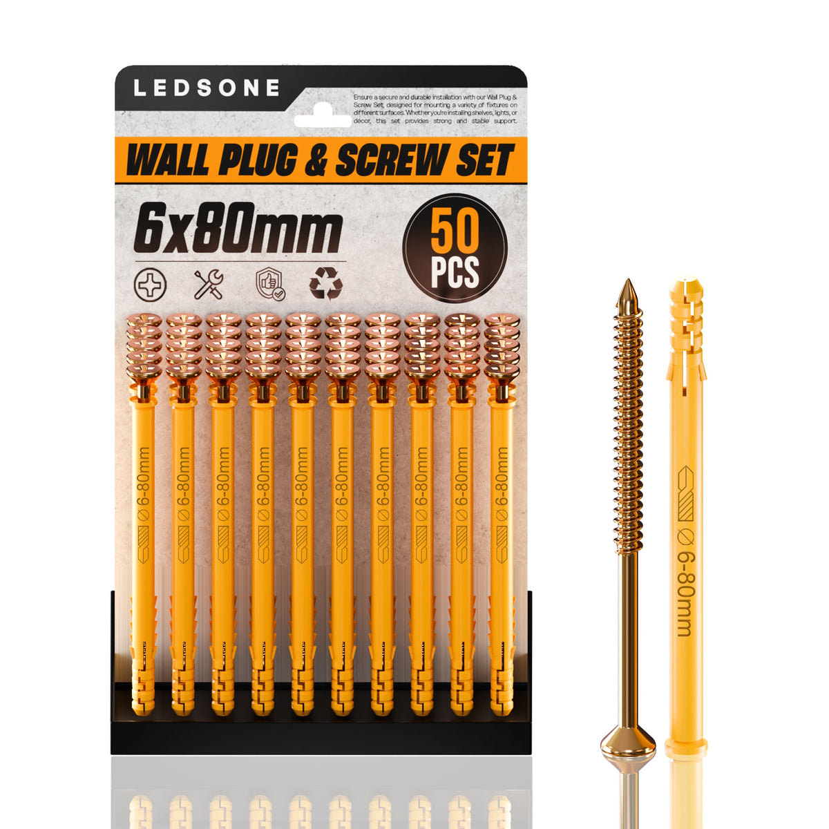 Yellow Wall Plugs and Screws, Pack of 50 – 6, 8 or 10 mm, 40 to 160 mm - 6 x 80 mm