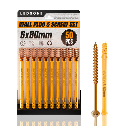 Yellow Wall Plugs and Screws, Pack of 50 – 6, 8 or 10 mm, 40 to 160 mm - 6 x 80 mm