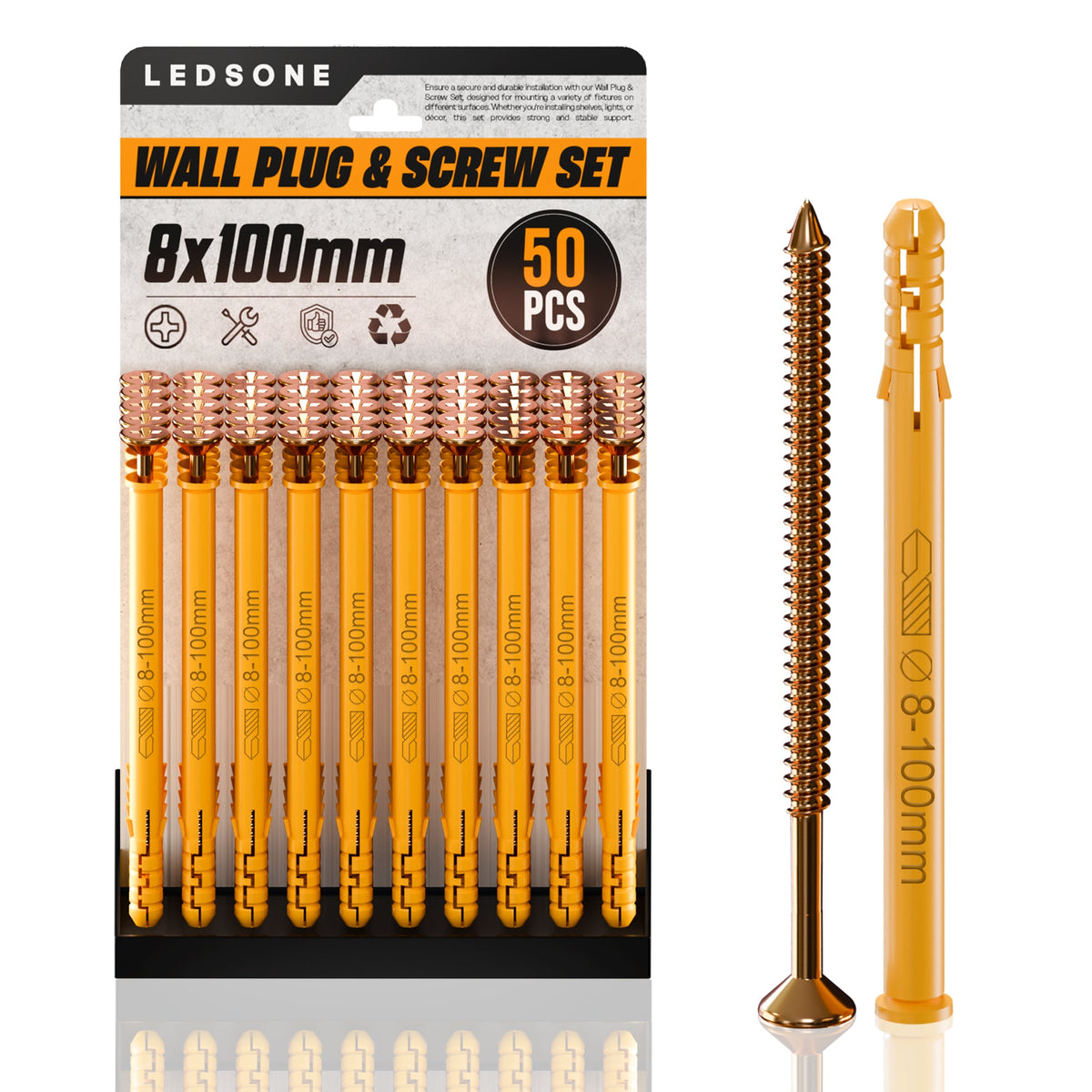 Yellow Wall Plugs and Screws, Pack of 50 – 6, 8 or 10 mm, 40 to 160 mm - 8 x 100 mm