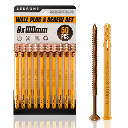 Yellow Wall Plugs and Screws, Pack of 50 – 6, 8 or 10 mm, 40 to 160 mm - 8 x 100 mm