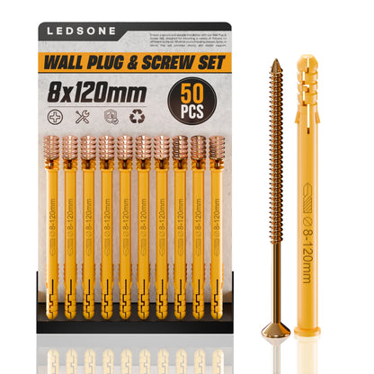 Yellow Wall Plugs and Screws, Pack of 50 – 6, 8 or 10 mm, 40 to 160 mm - 8 x 120 mm