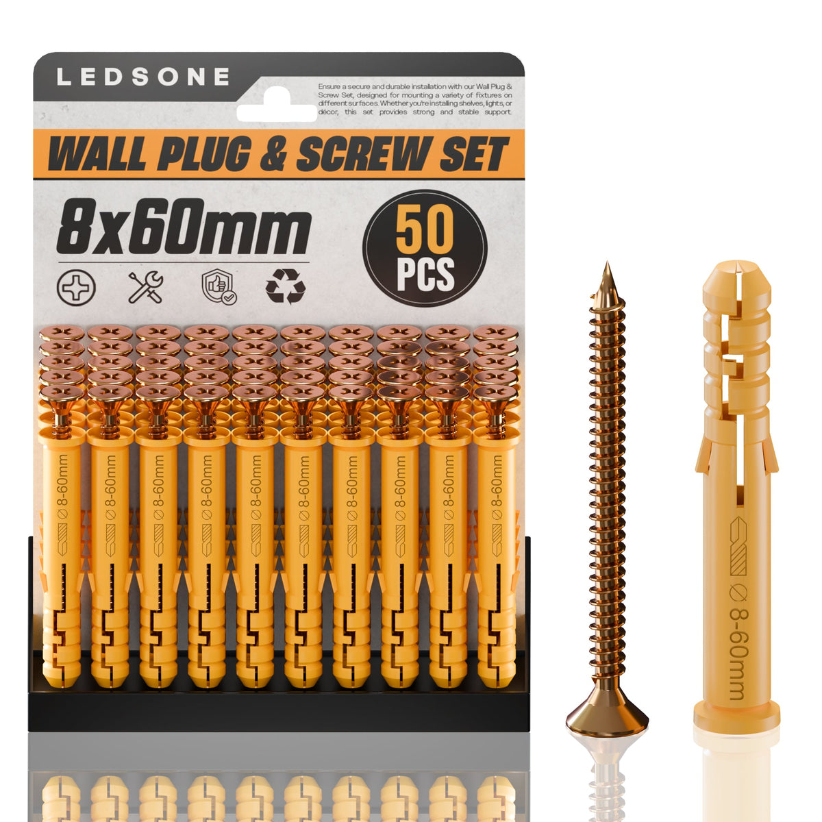 Yellow Wall Plugs and Screws, Pack of 50 – 6, 8 or 10 mm, 40 to 160 mm - 8 x 60 mm