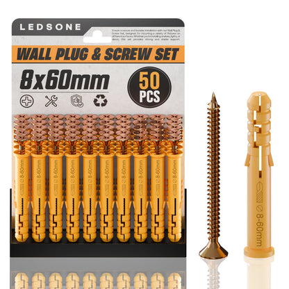 Yellow Wall Plugs and Screws, Pack of 50 – 6, 8 or 10 mm, 40 to 160 mm - 8 x 60 mm