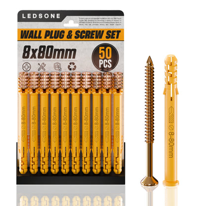 Yellow Wall Plugs and Screws, Pack of 50 – 6, 8 or 10 mm, 40 to 160 mm - 8 x 80 mm
